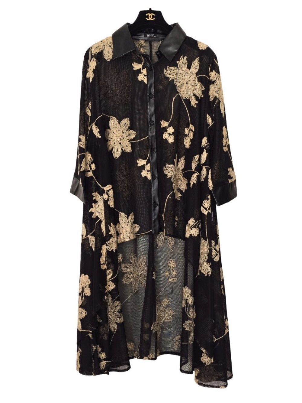 WHY DRESS Black Embroidered Drama Top Size XXL Button Down Unique Blouse Sheer